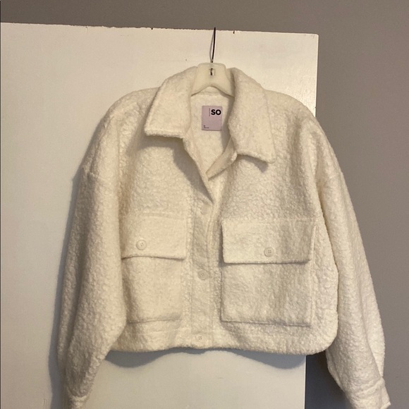 SO Jackets & Blazers - SO White Teddy Jacket with Cropped Boxy Fit and Textured Fabric
